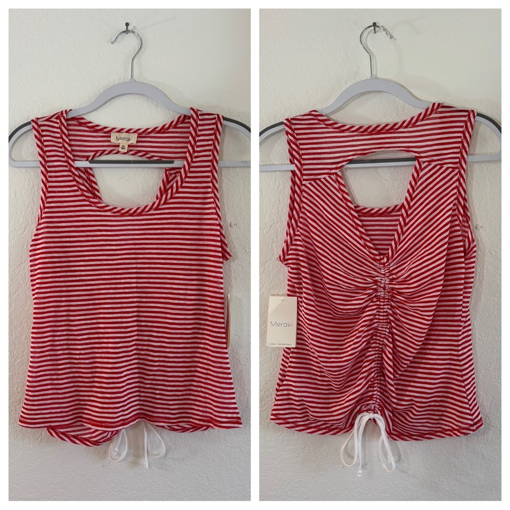 Meraki Red White Striped Tank Top XL Sleeveless Drawstring Back Cutout NWT